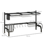 Dish Drainer 2-Tier with Hooks, Drip Tray, Steel, Black