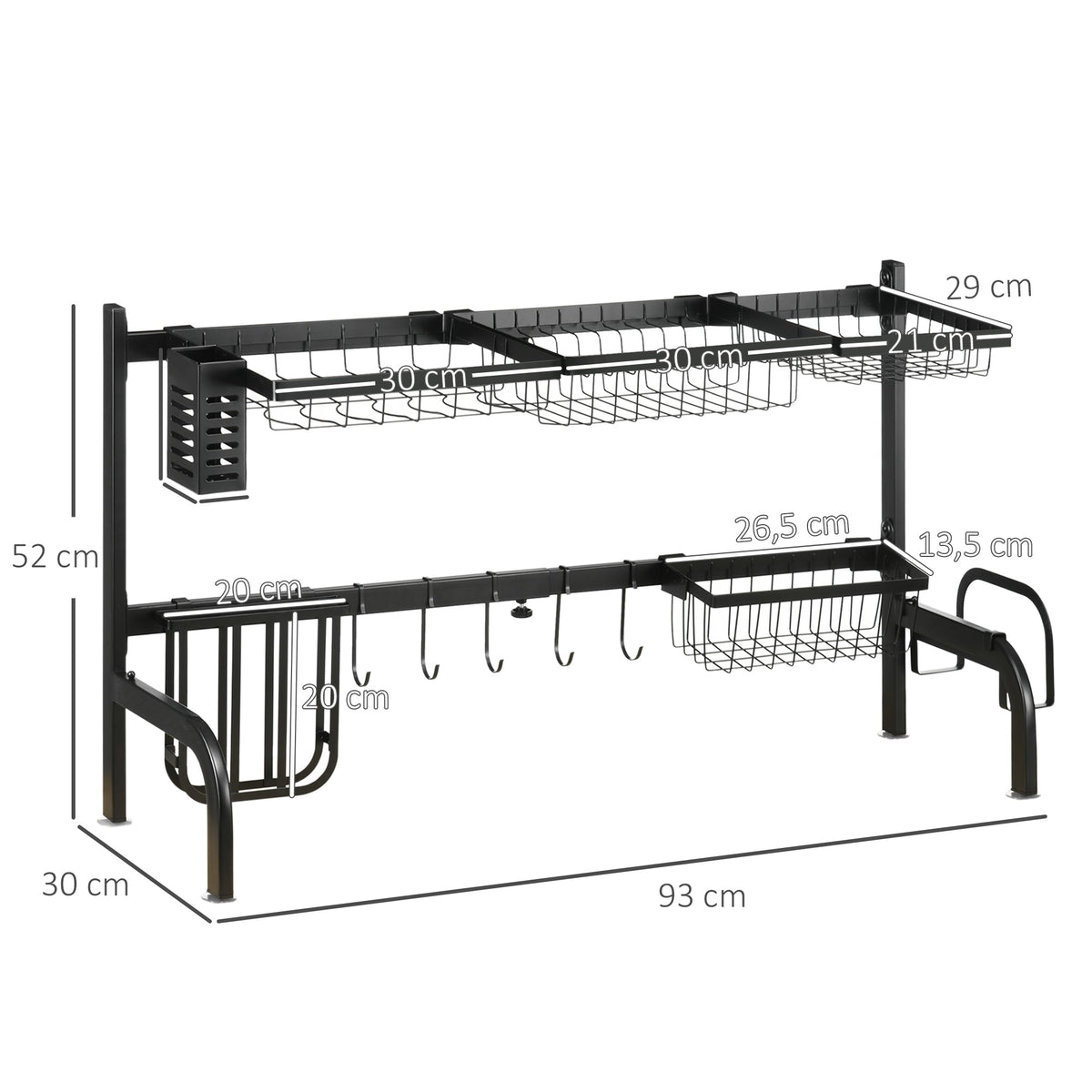 Dish Drainer 2-Tier with Hooks, Drip Tray, Steel, Black