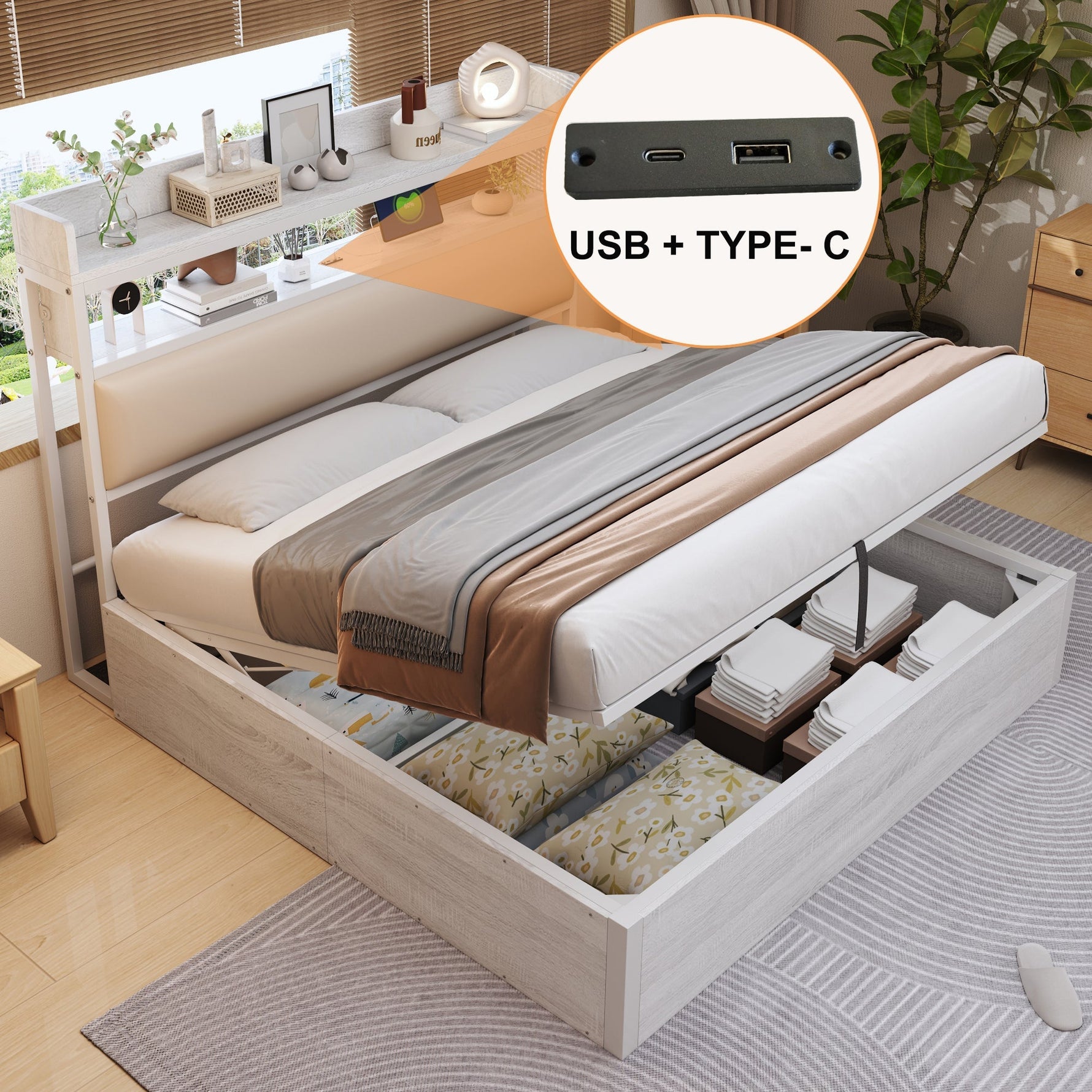 Bed Frame 180x200, Hydraulic Lift, USB, Upholstered Headboard, Hidden Storage, Wood & Metal, White