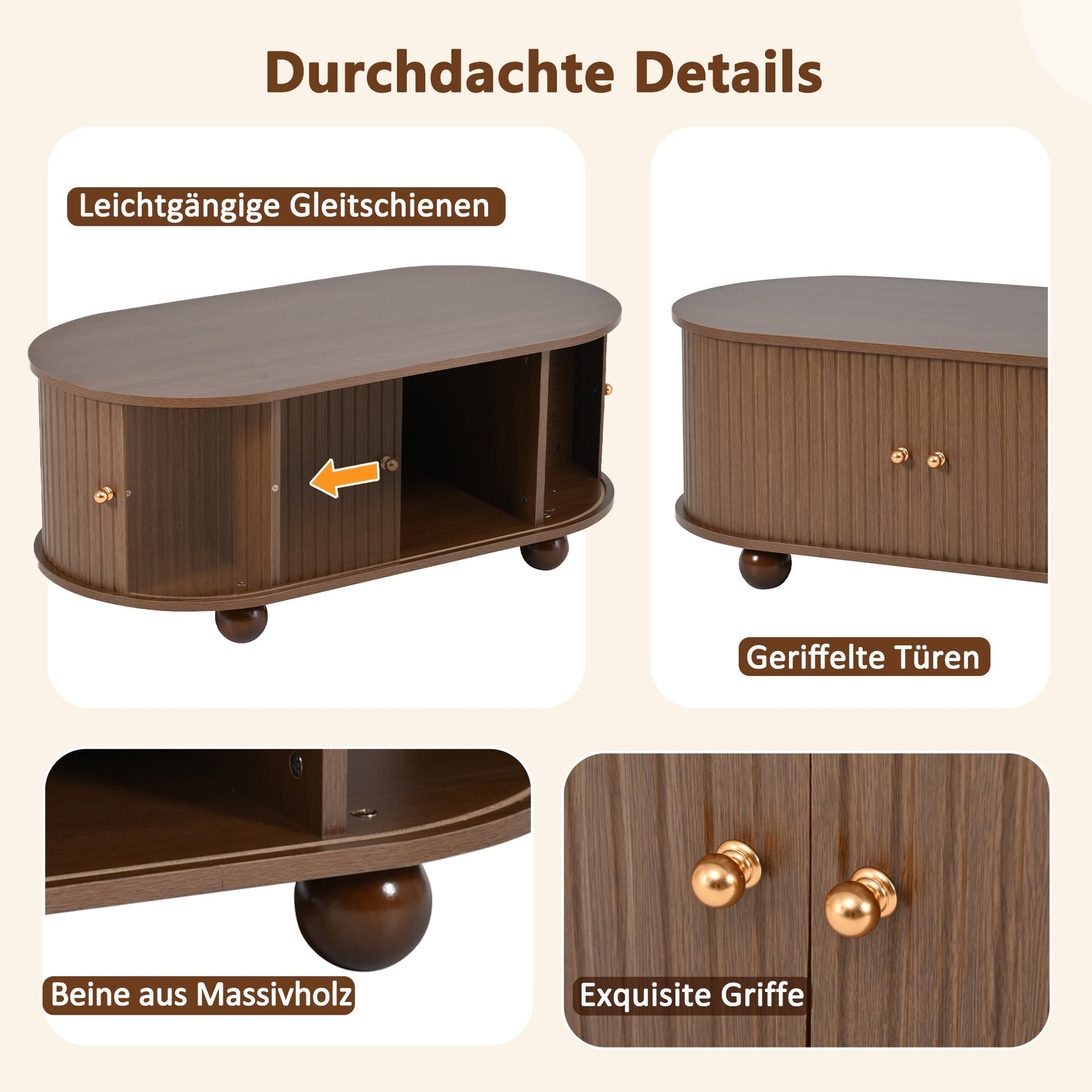 Coffee Table, 100 x 50 x 40 cm, Storage with Sliding Doors, Walnut