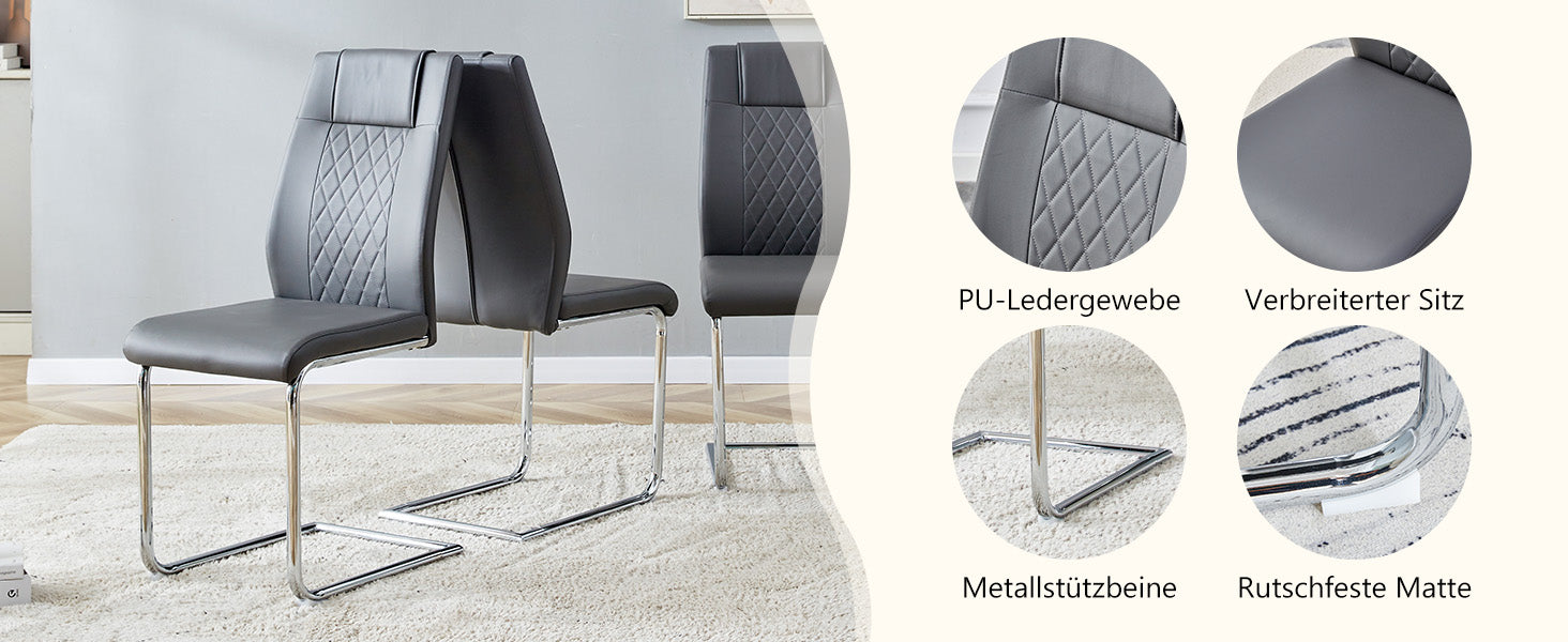 Scandinavian Dining Chairs Set of 4 Mesh Back Metal Legs - Dark Grey PU Leather