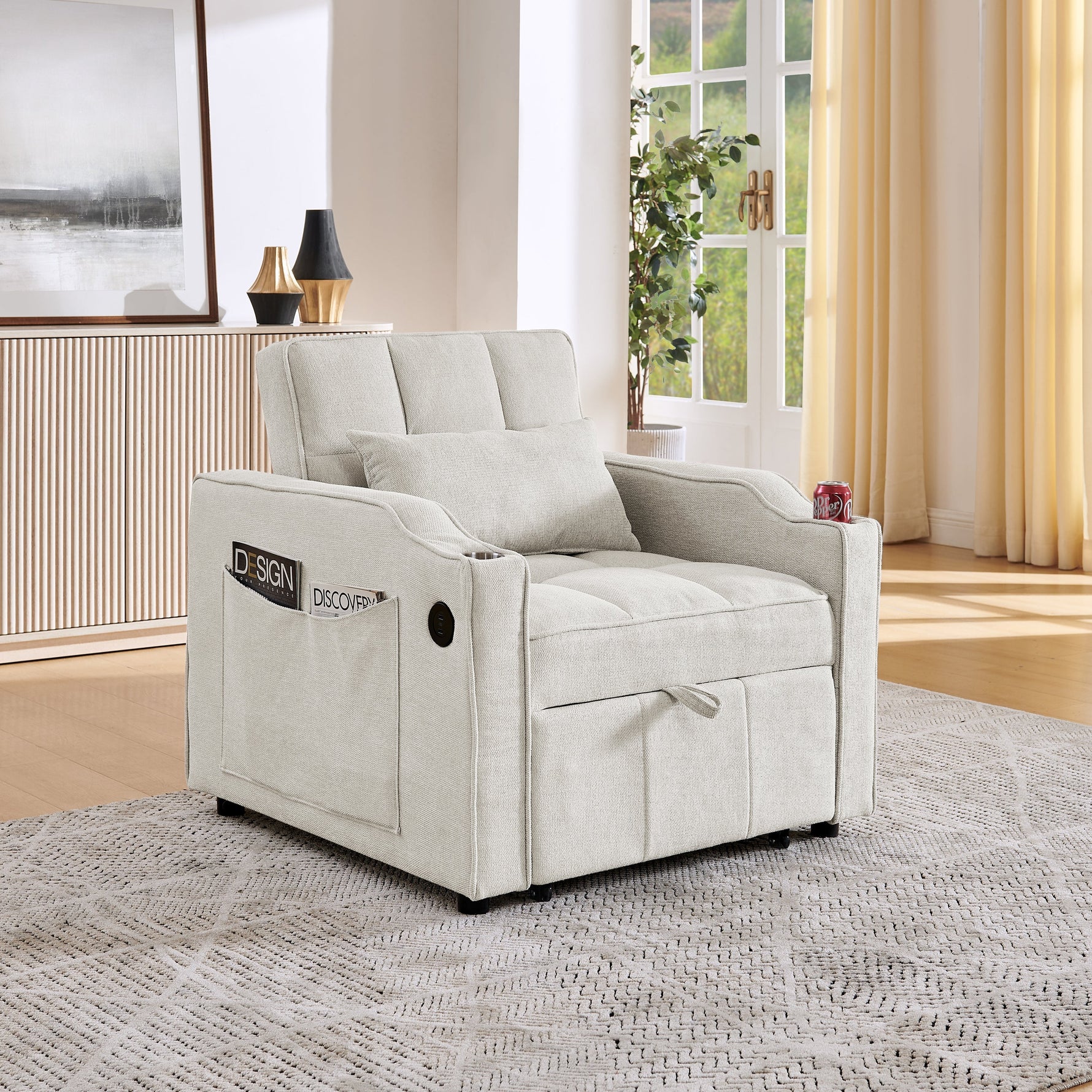 3-in-1 Sofa Bed Slide-to-Transform USB Charging - Beige