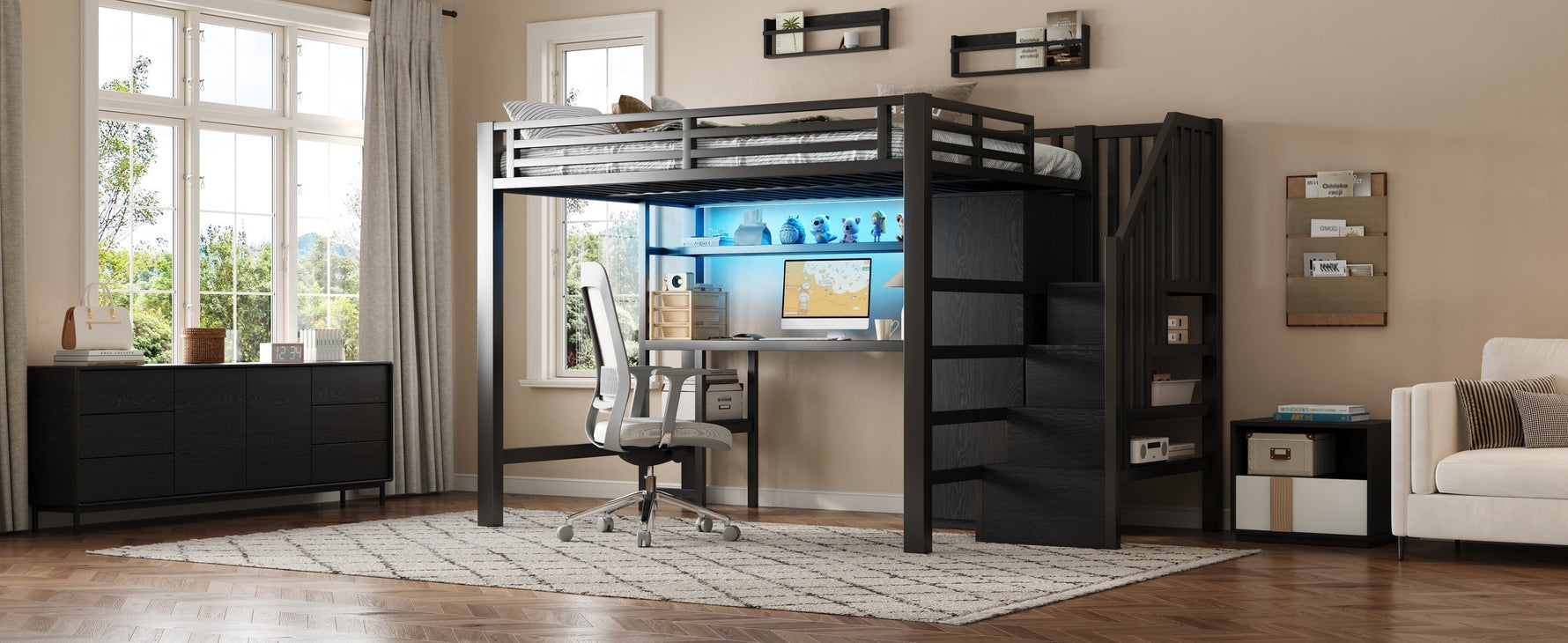 Metal Loft Bed with Desk, Shelf, Wardrobe and Storage Stairs, 140x200cm, Black Metal