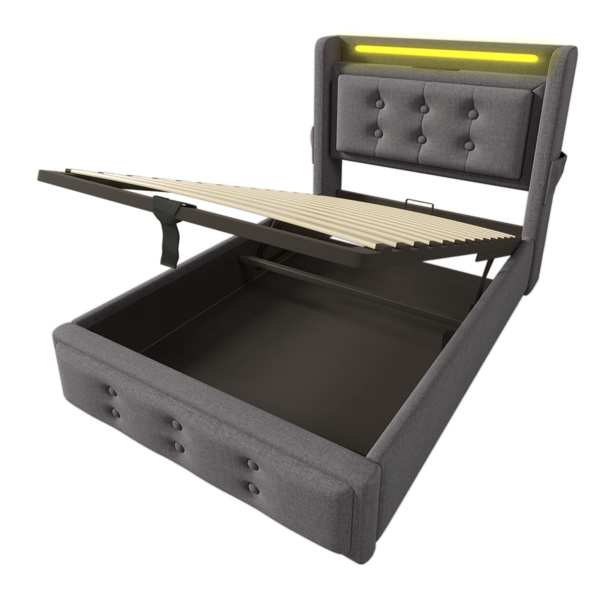 Upholstered Bed 90x200 Single Hydraulic LED/USB-C Grey Cotton