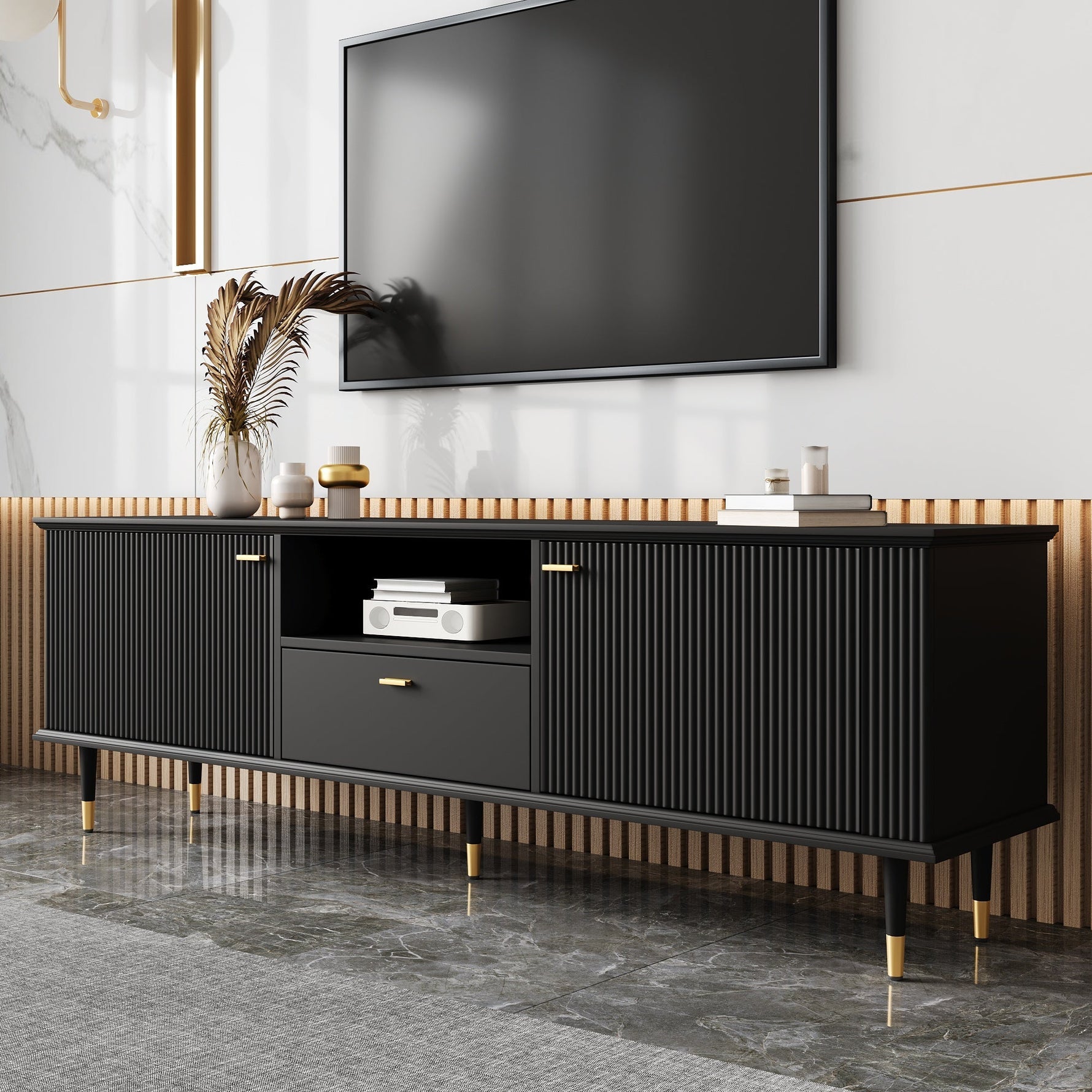 TV Cabinet with Open Compartments, Drawers and Soft-Close Hinges, Lacquered Textured Surface
