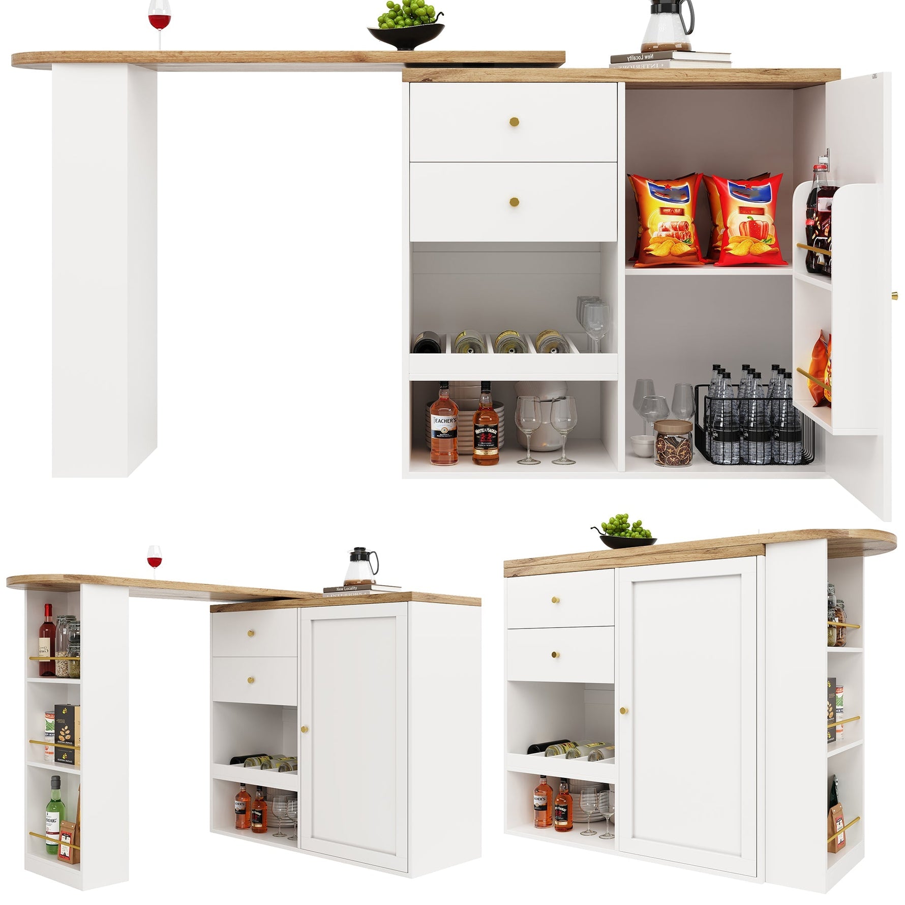 Rotating Bar Table 2 Drawers Sliding Cabinet Open Storage