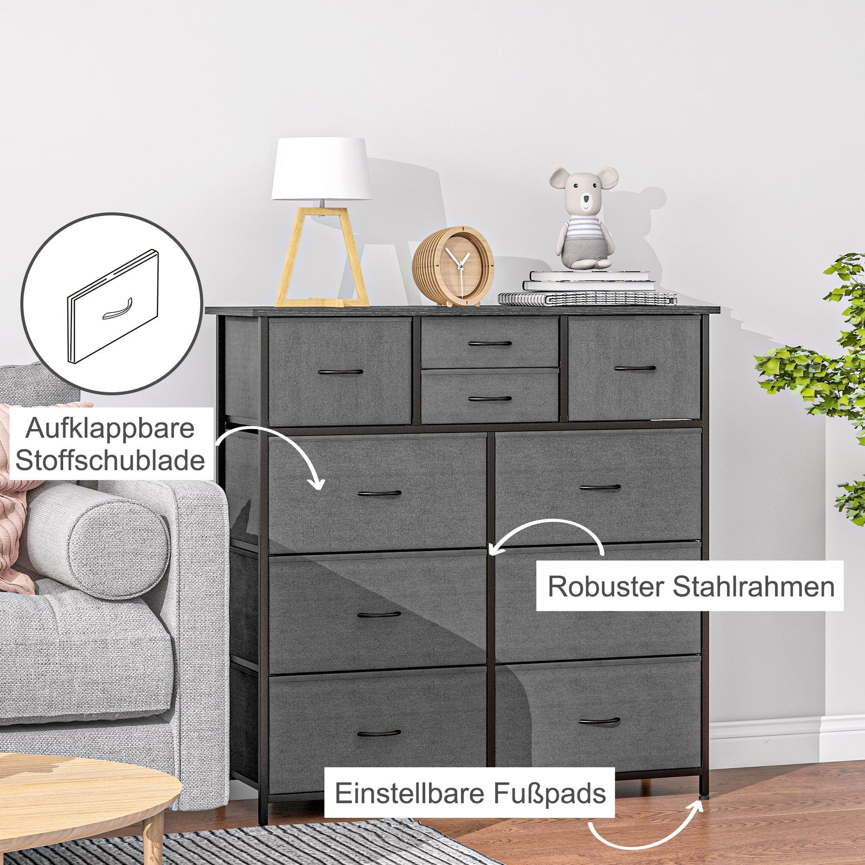Chest of Drawers/Sideboard, 10 Foldable Fabric Drawers, Steel Black