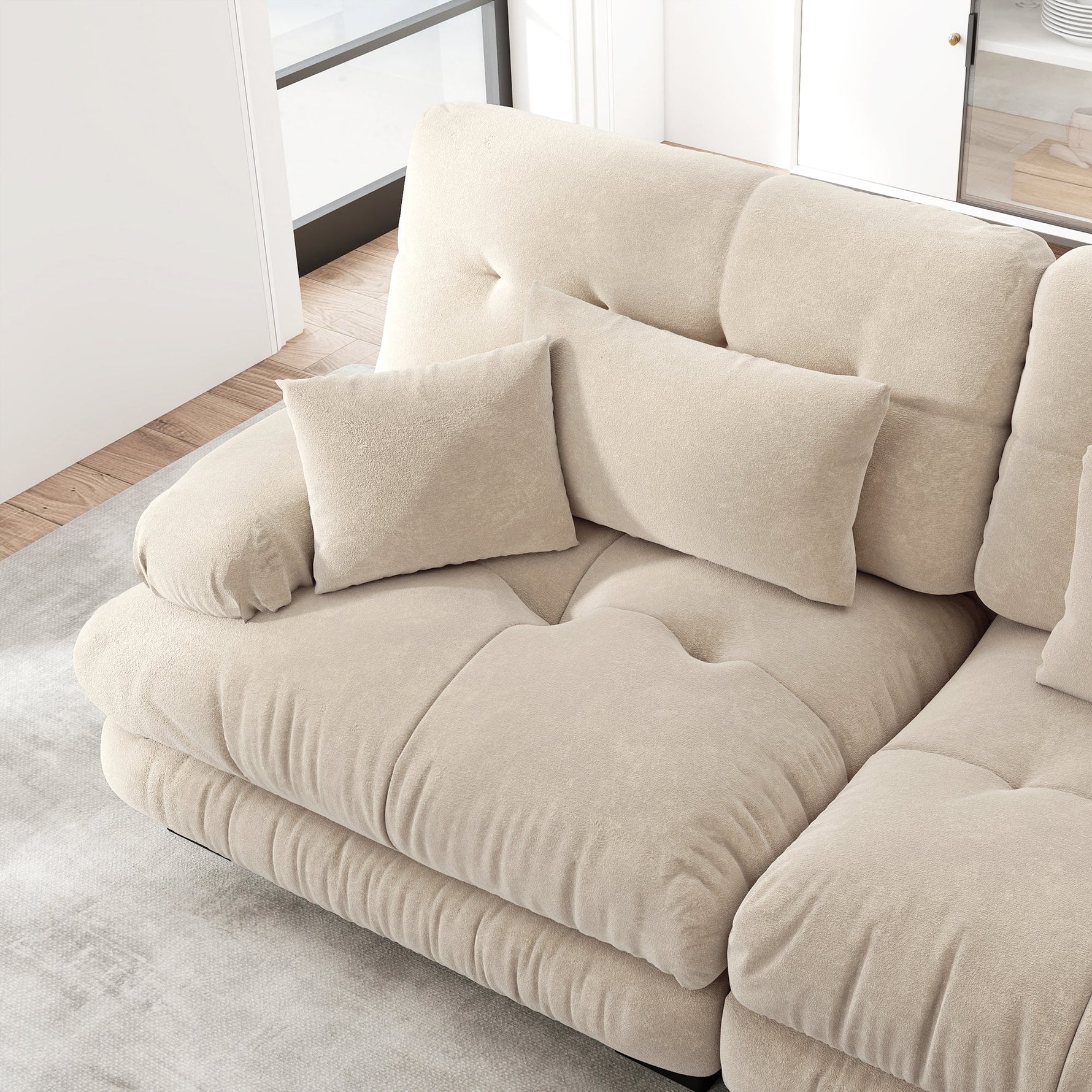 Cloud Corner Sofa, Double with Lumbar & Decorative Cushions, Chenille Light Brown