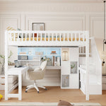 Loft Bed with LED Lights, Storage Ladder, Shelves and Desk, 140x200cm, White