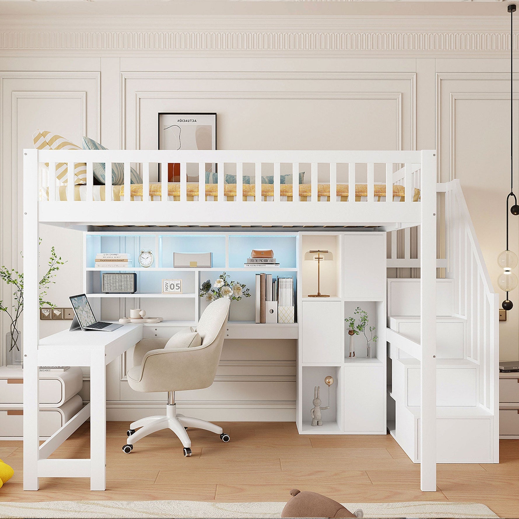 Loft Bed with LED Lights, Storage Ladder, Shelves and Desk, 140x200cm, White