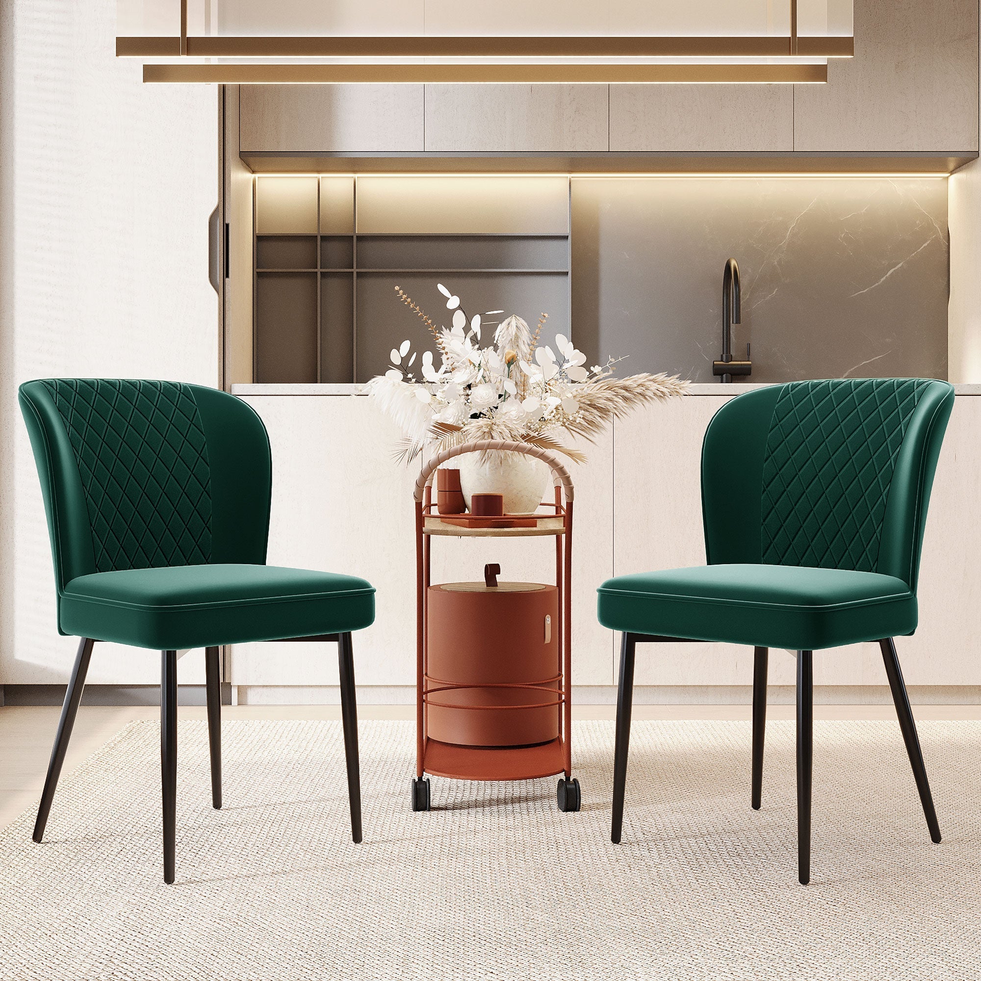Dining Chairs Set of 2 Upholstered Velvet Seat Backrest Dark Green