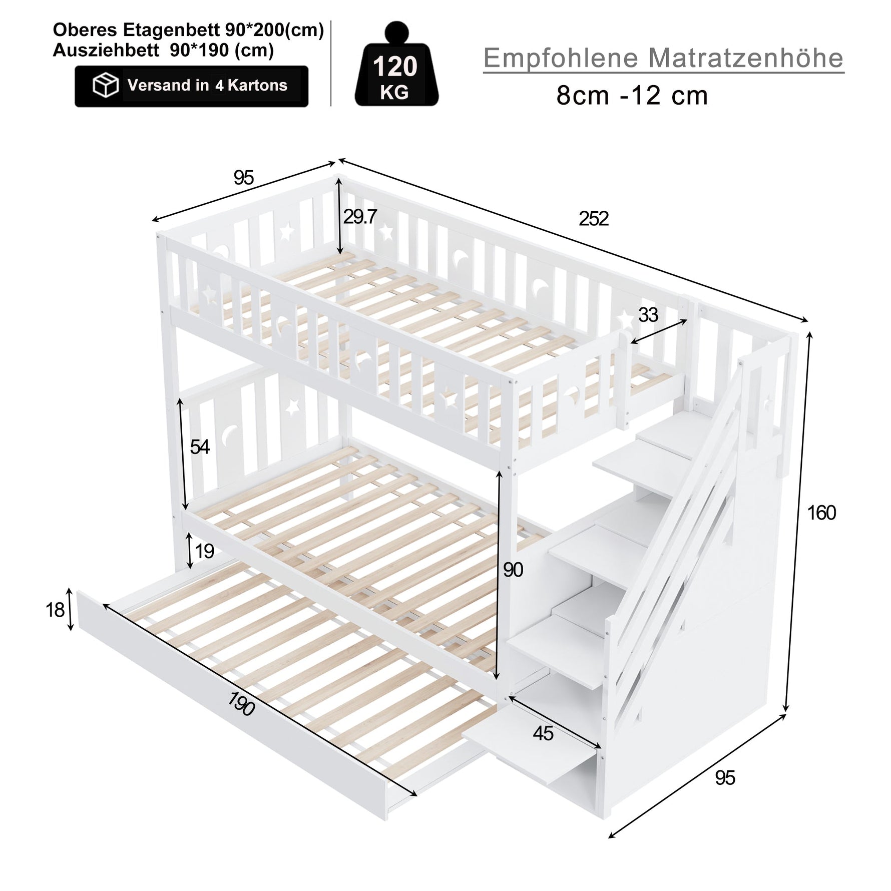 Bunk Bed for Kids with Pull-Out Bed and Storage Stairs, White