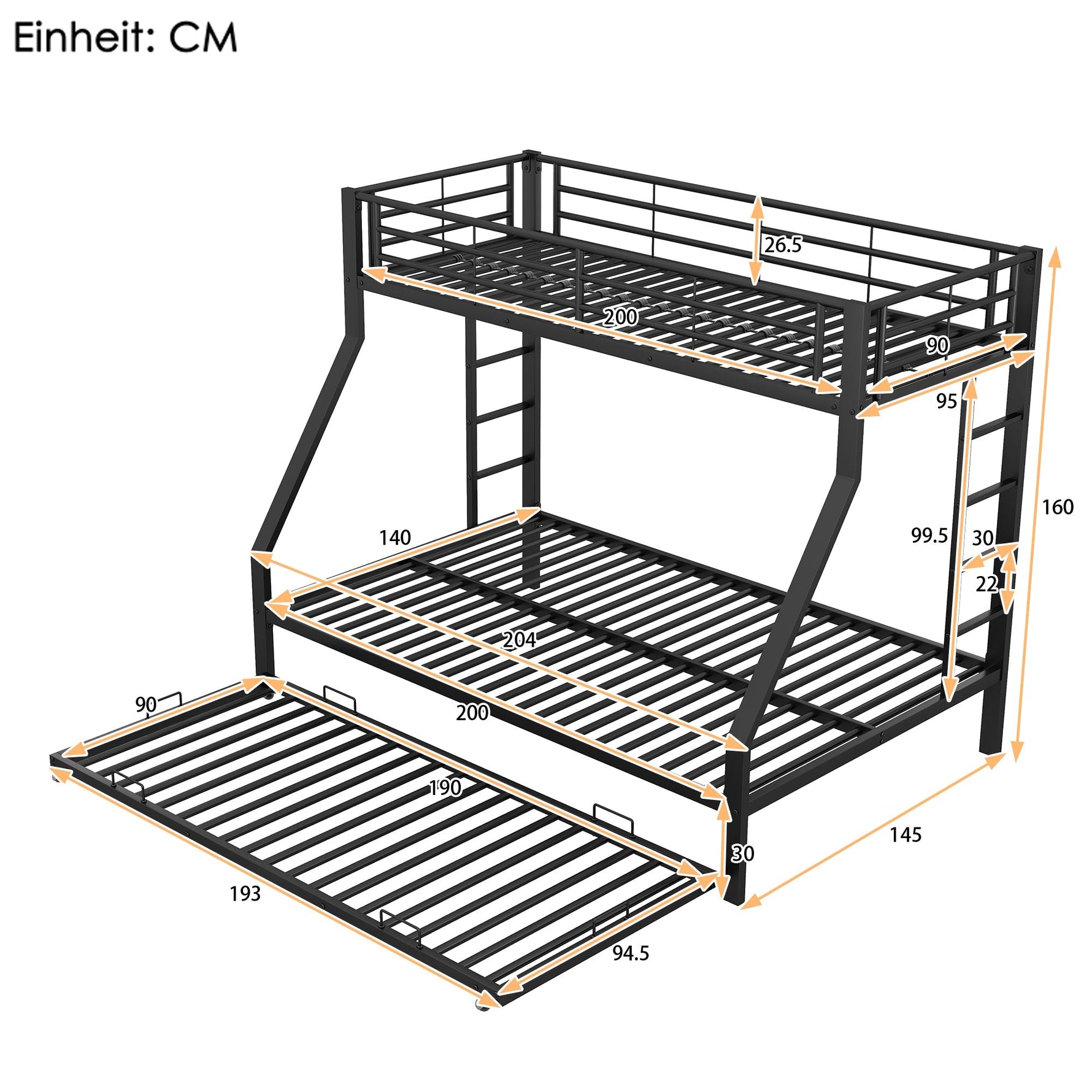 Bunk Bed Metal Pull-out Bed Ladder 90(140)x200cm - Black