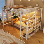 Loft Bed 140x200cm with LED Lights & Storage - White Metal