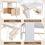 Loft Bed with Desk, LED Lights, Storage and USB Port, 140 x 200 cm, White Iron Frame