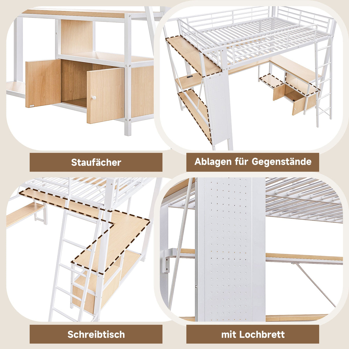 Loft Bed with Desk, LED Lights, Storage and USB Port, 140 x 200 cm, White Iron Frame