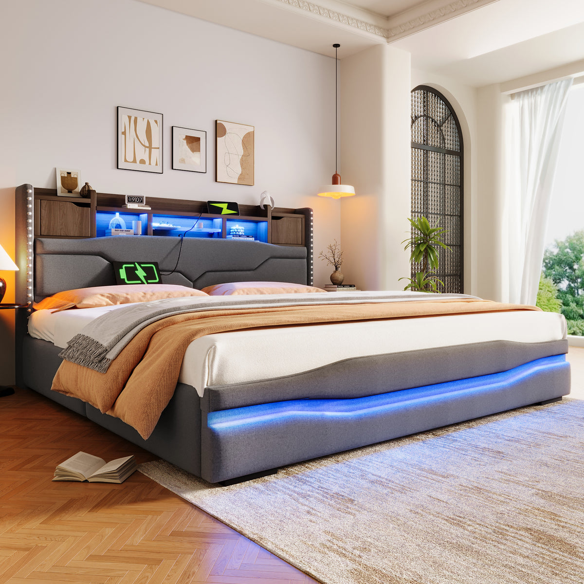 Upholstered Bed 180x200cm with Hydraulic Storage & LED, Grey