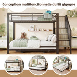 Bunk Bed with Pull-Out Bed & Storage Stairs, Black Iron Frame