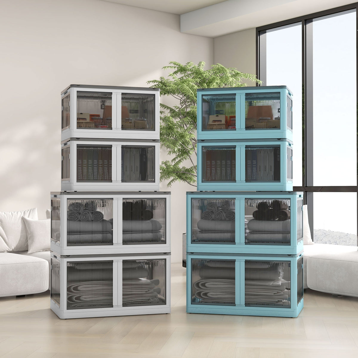 Storage Box 69L Stackable Foldable Wheels 5-Sided Access, White