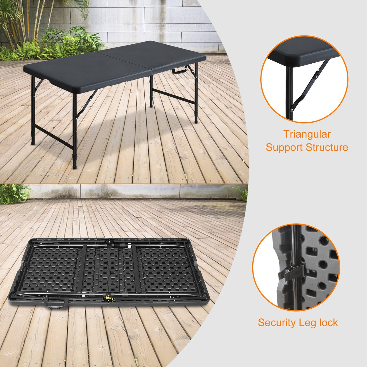 Folding Table 125cm, Portable Heavy Duty, Black
