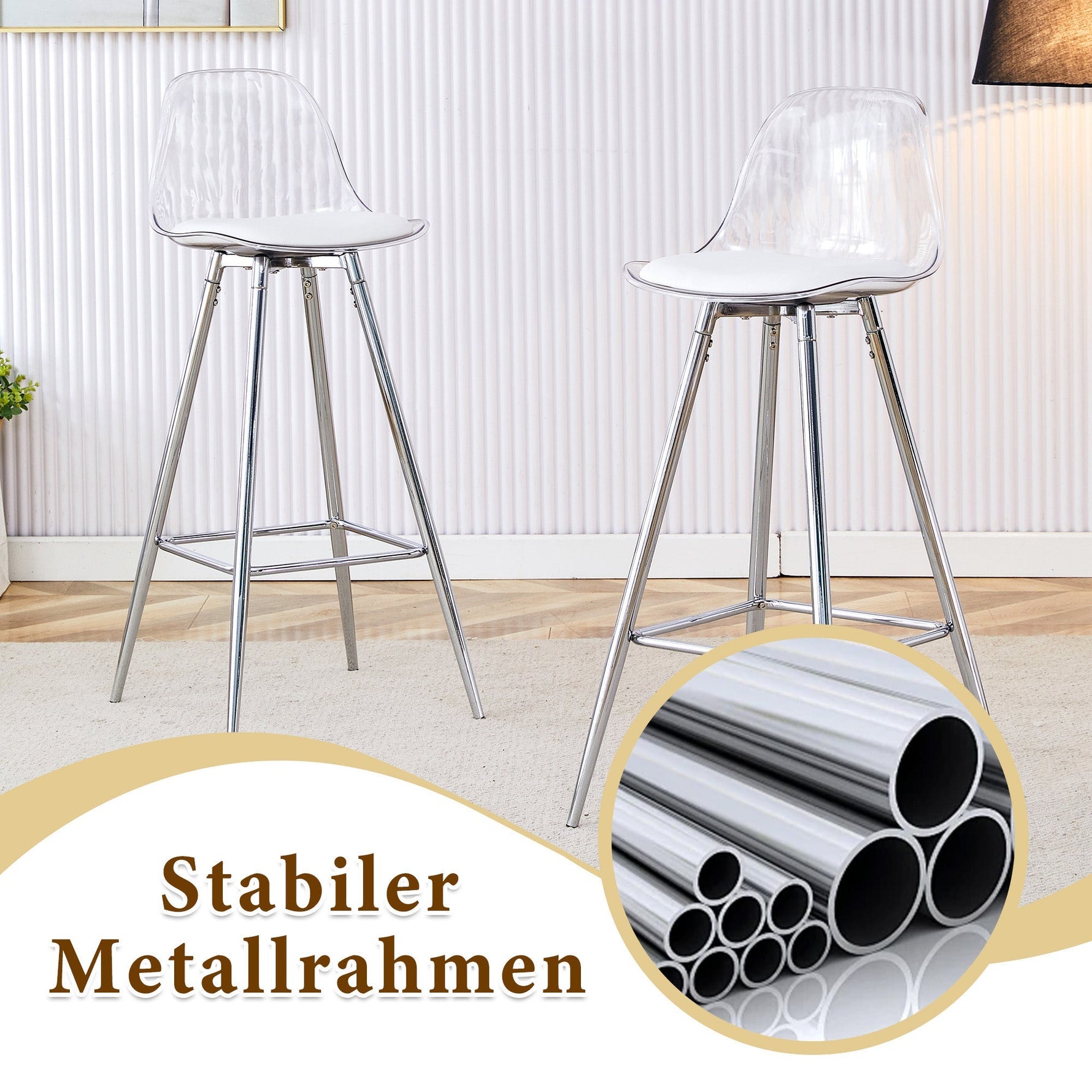 Flexible Bar Set Round Glass Table 89cm 2 Stools - Glass/Silver Legs