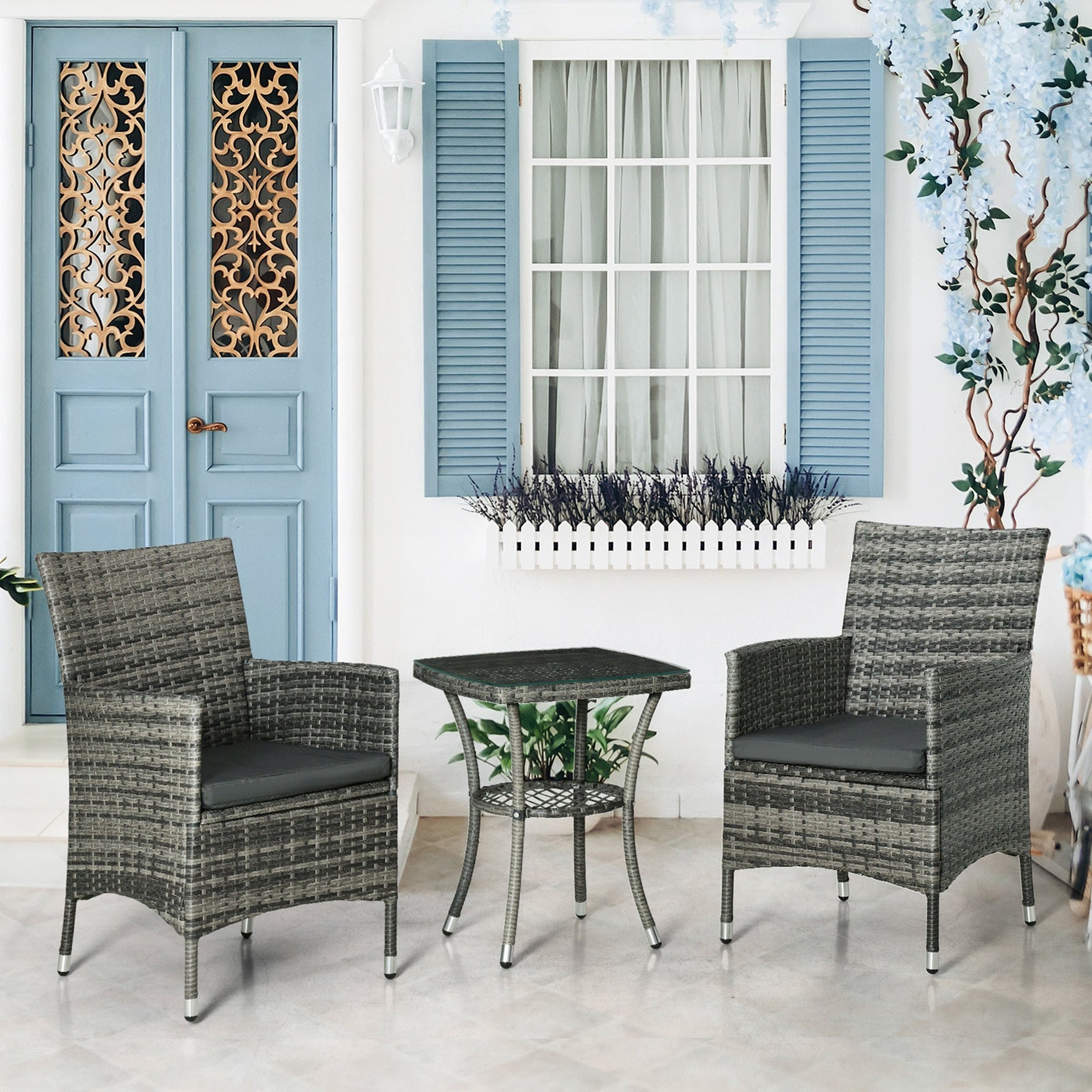 Balcony Furniture Set for 2 People, Rattan Garden, Dark Grey