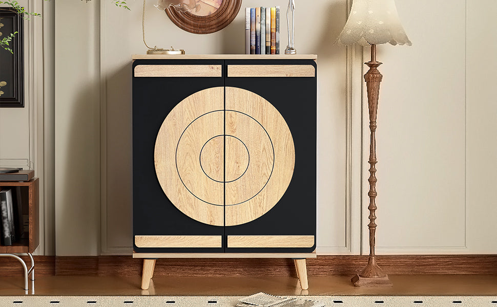 Modern Shoe Cabinet with Geometric Doors and Multi-Level Storage, Black and Natural Wood