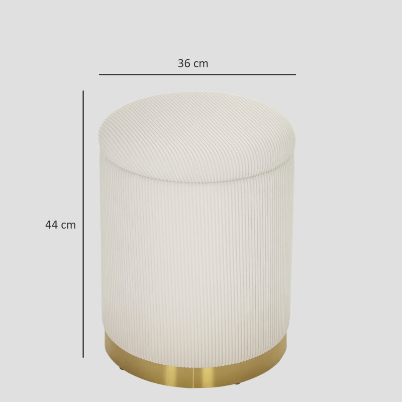 Storage Ottoman Round Footstool Lid Steel Base, Corduroy Cream White