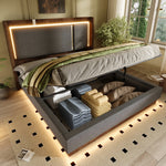 Upholstered Double Bed 140x200 LED & Storage, Linen Grey