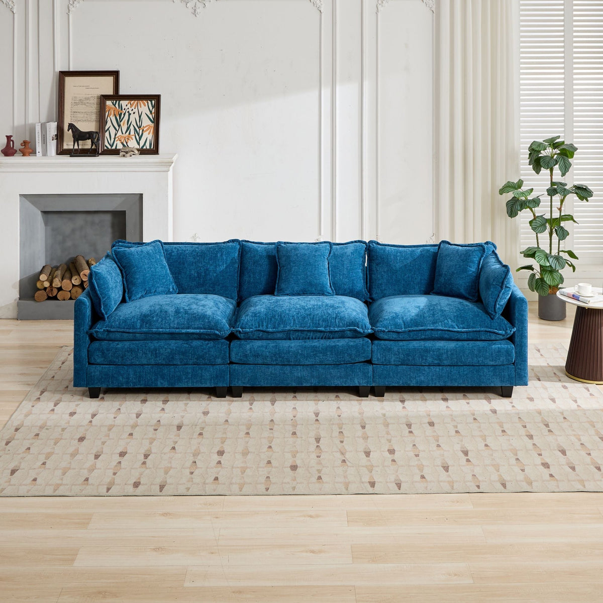Cloud Sofa 3 Seats Modern Sectional Couch with Double Layer Upholstered Cushion, Blue Chenille Fabric