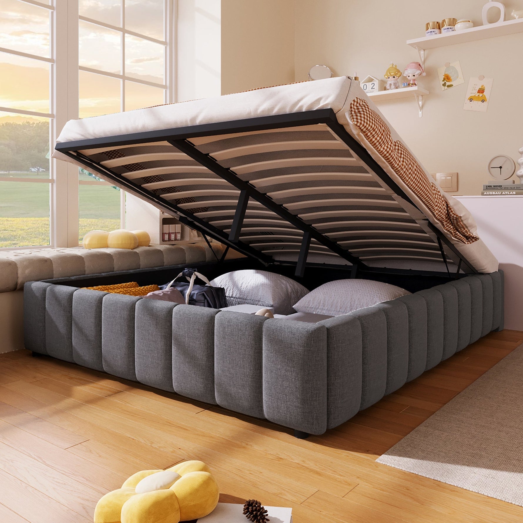 Upholstered Bed with Hydraulic Storage and No Headboard, 140x200cm, Grey Linen