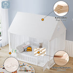 Children's Single Bed with Roof, Window, Curtains and Storage, 140x200cm, White Pine + MDF