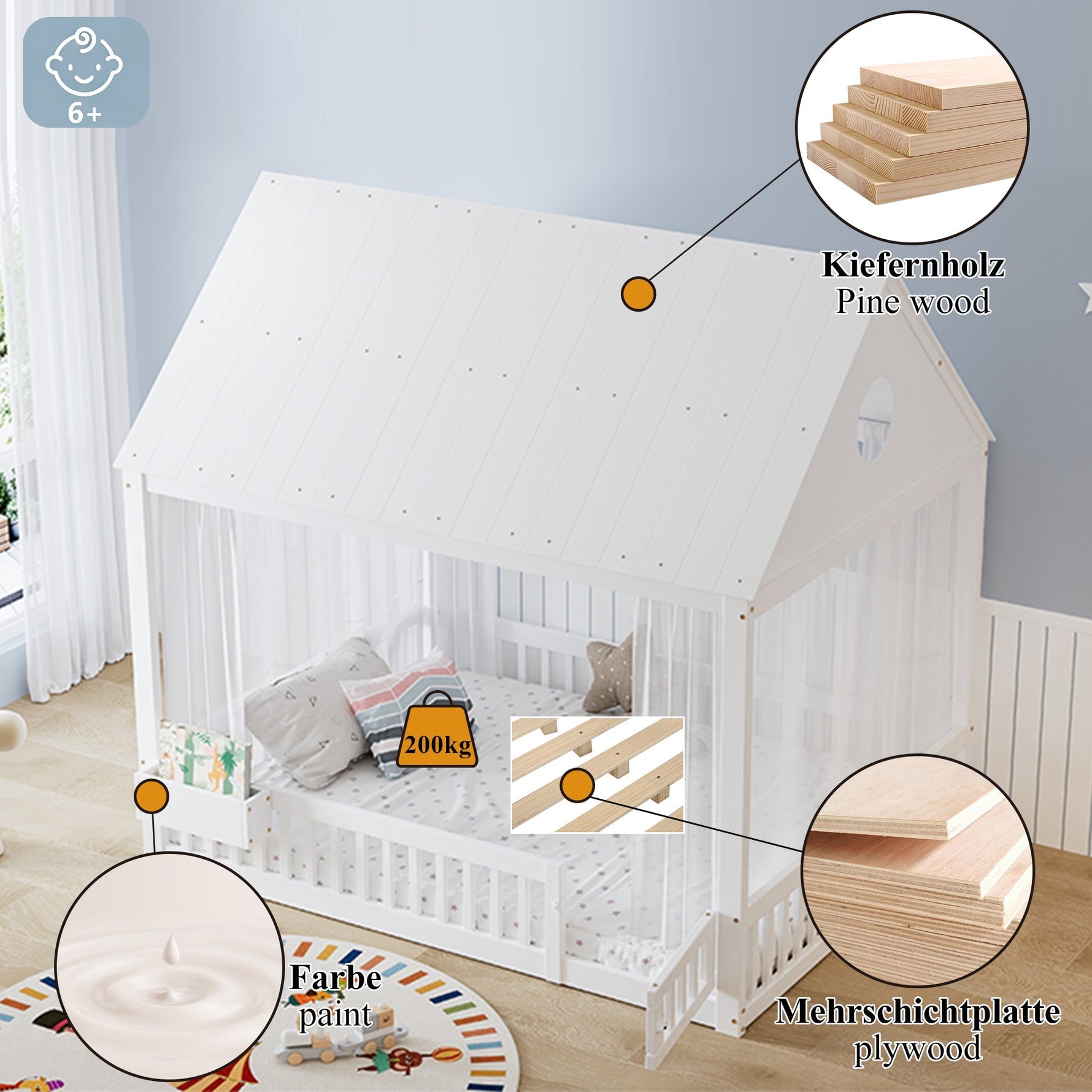 Children's Single Bed with Roof, Window, Curtains and Storage, 140x200cm, White Pine + MDF