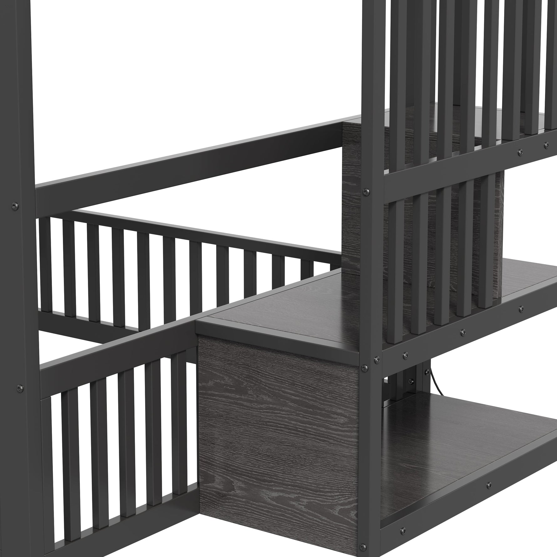 Bunk Bed with Storage Ladder and LED, 140x200cm, Black Metal + MDF