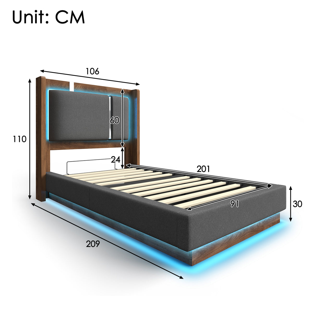 Youth Upholstered Bed 90x200 with LED & Storage, Grey Linen & Walnut