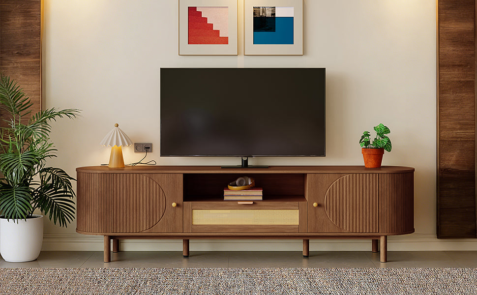 Modern TV Cabinet Rattan Drawers Open Shelves Rounded Top Wood Look Metal Legs