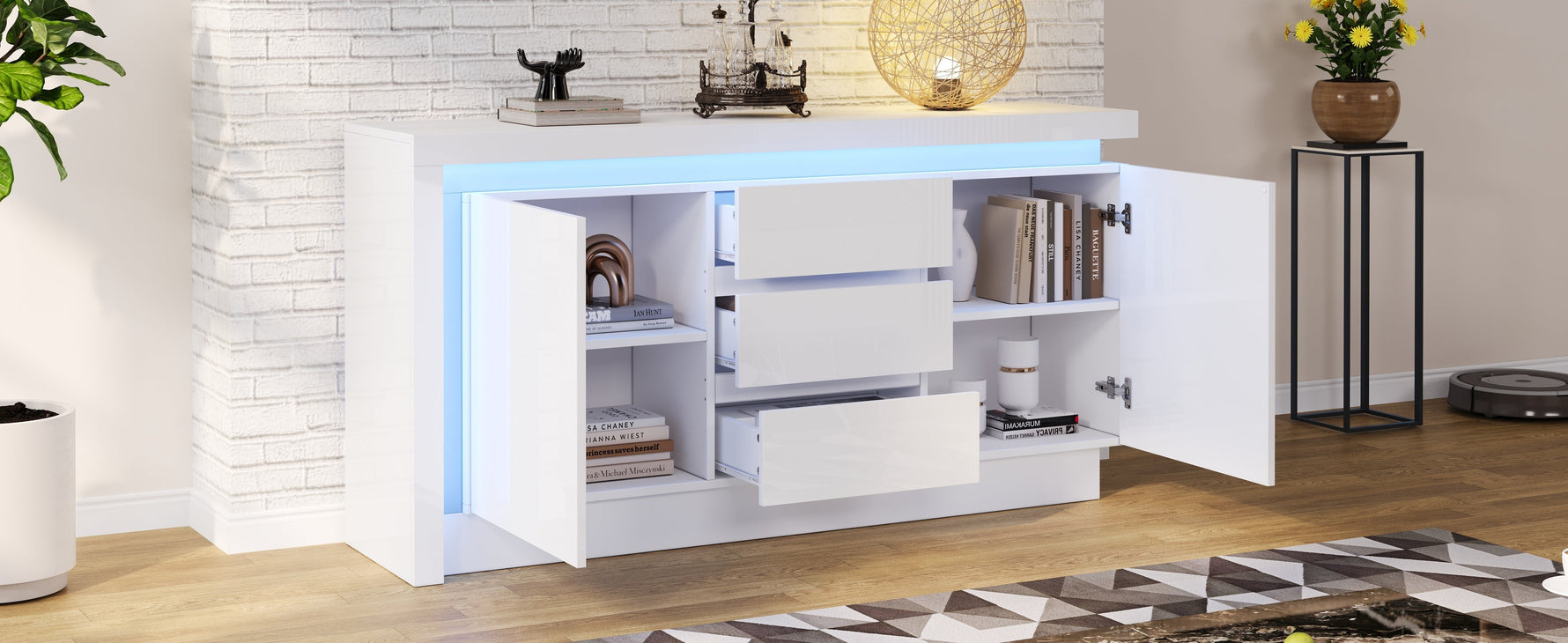 Sideboard, 140x35x72cm, 3 Drawers, 2 Doors, Adjustable Shelves, LED, High-Gloss White