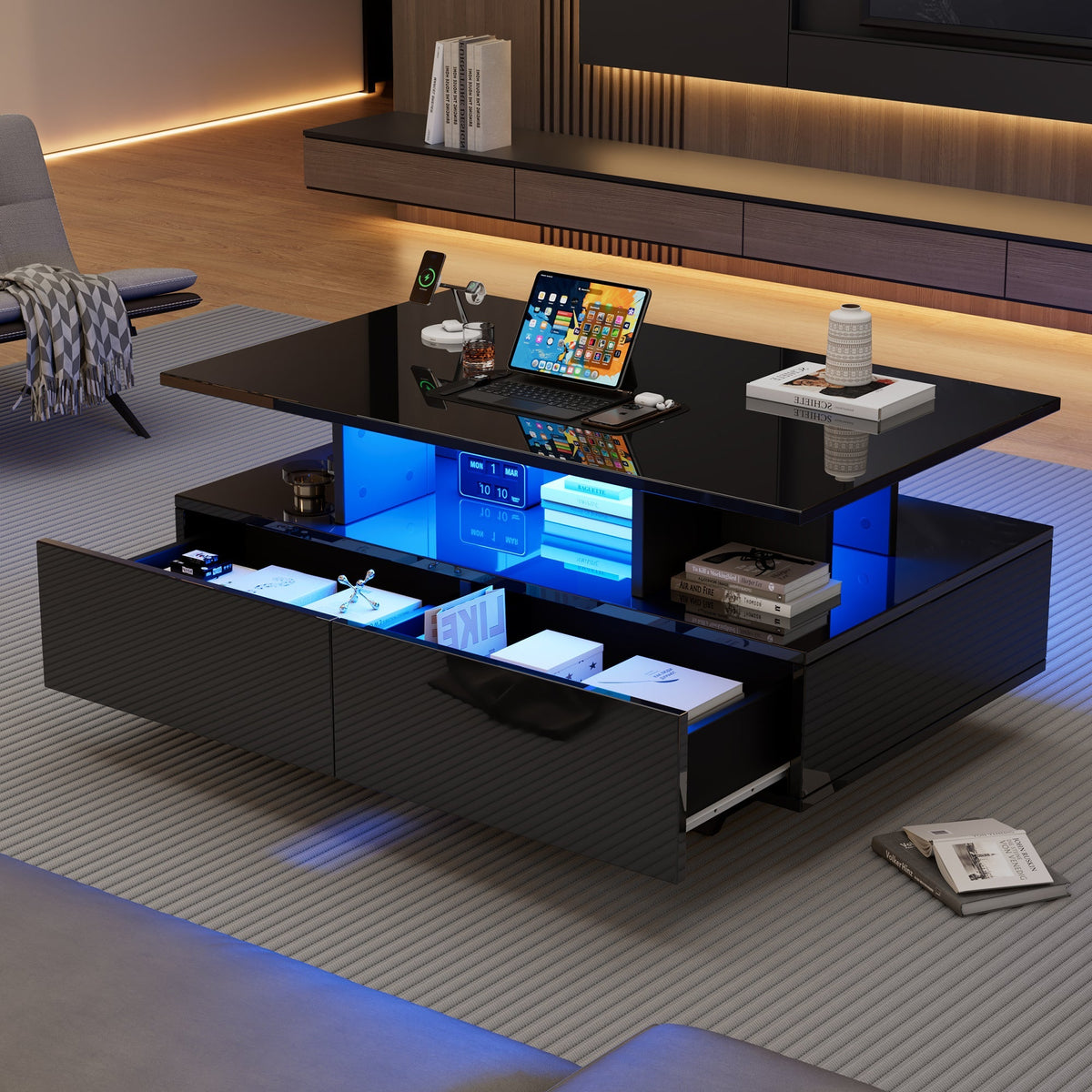 Coffee Table, Modern High-Gloss with LED & 2 Drawers, White