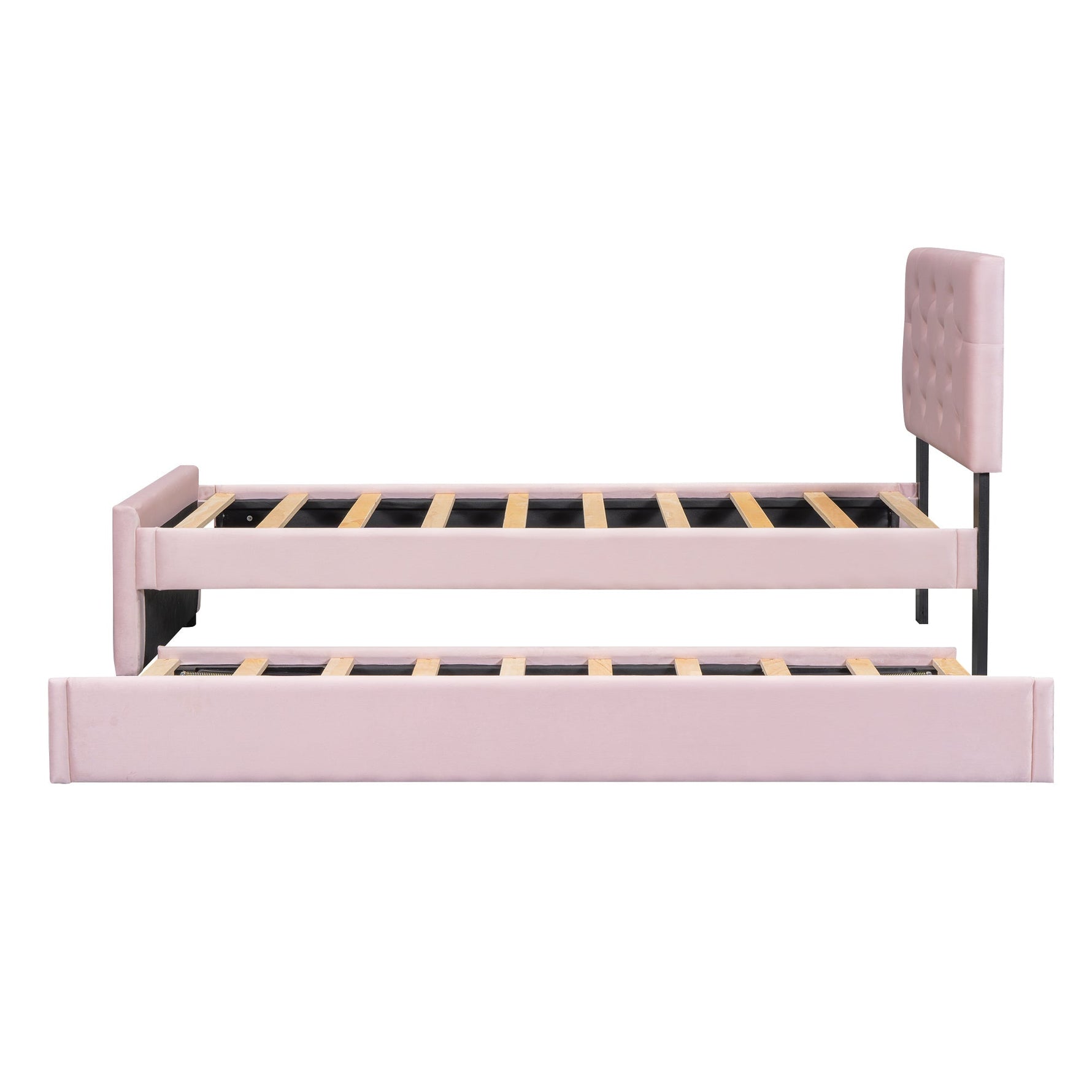 Upholstered Bed 90x200cm with Slatted Base and Rolling Storage, Pink Velvet