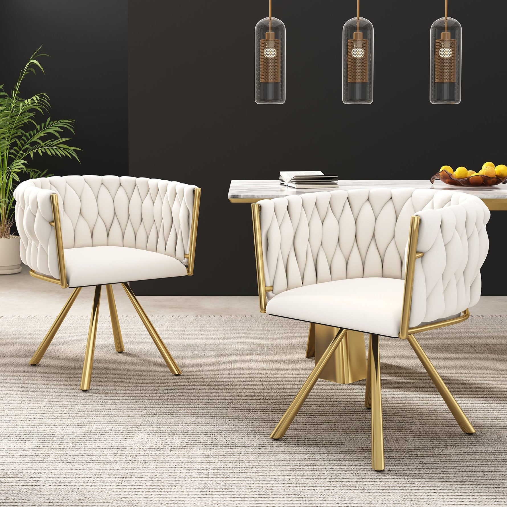 Velvet Swivel Chair Set of 6 Metal Legs - Beige and Gold
