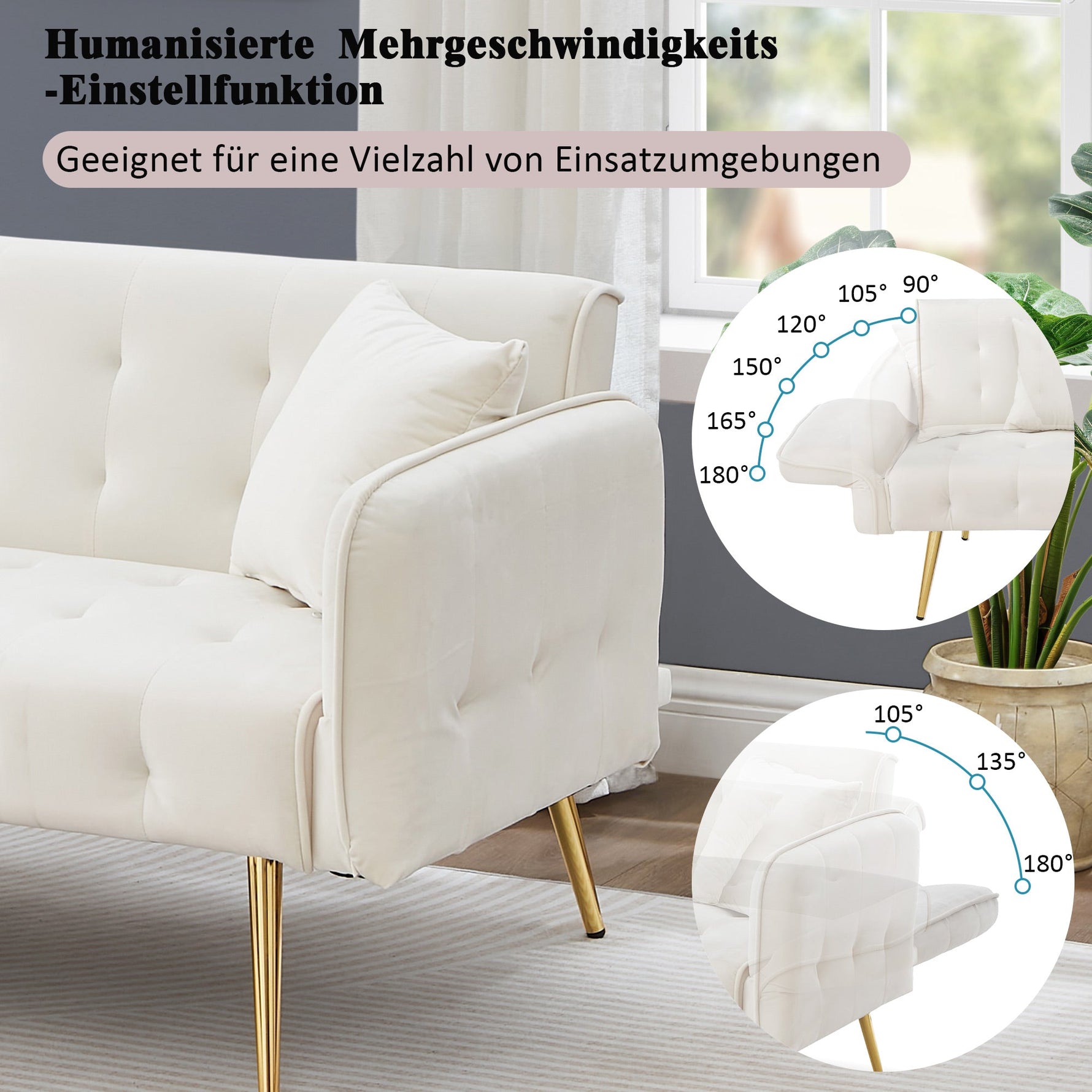 Sofa Bed, Two-Seater Multifunctional Folding with Adjustable Backrest & Armrests, Velour