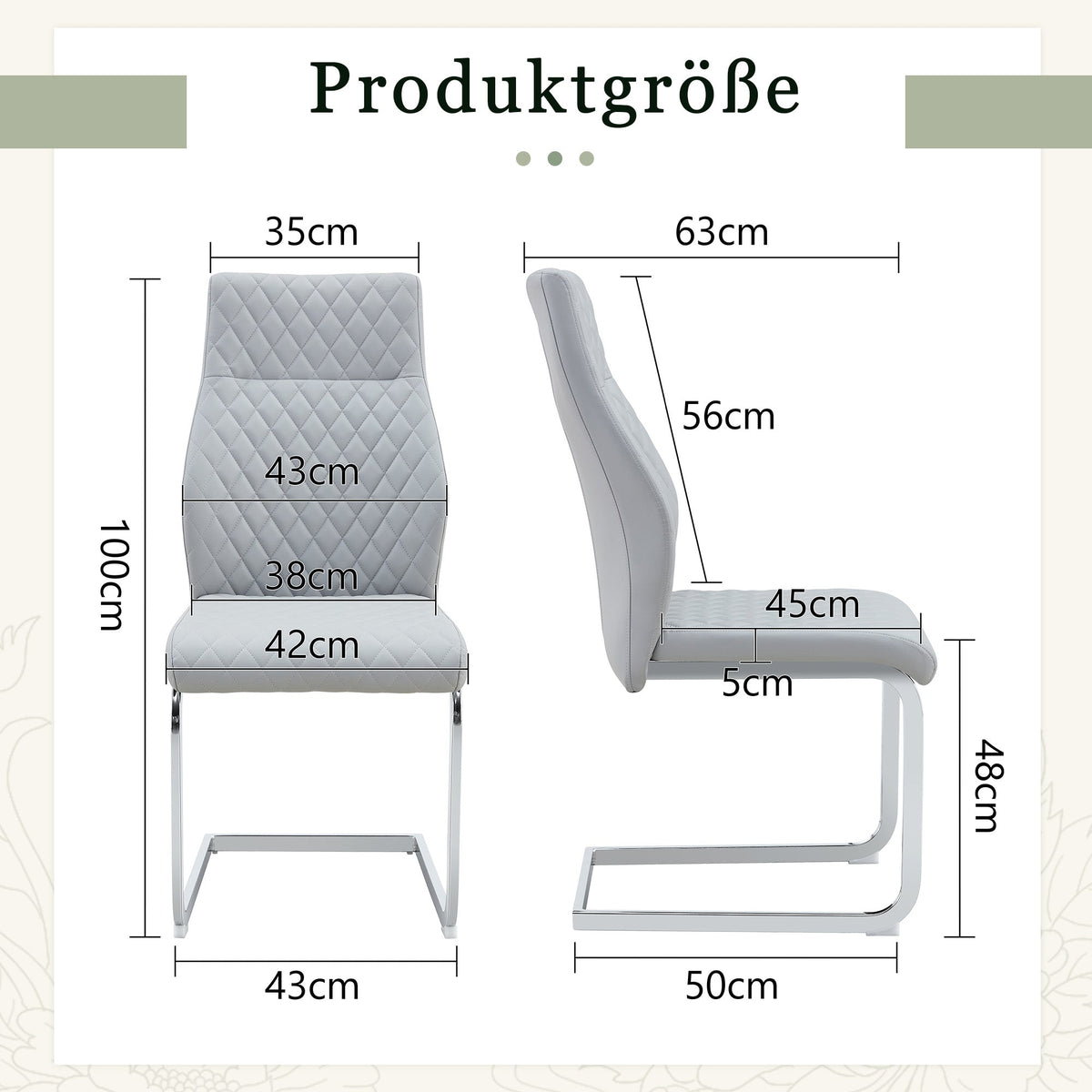 Dining Chairs Set of 2 with High Backrest and Diamond Pattern, Light Grey PU Leather