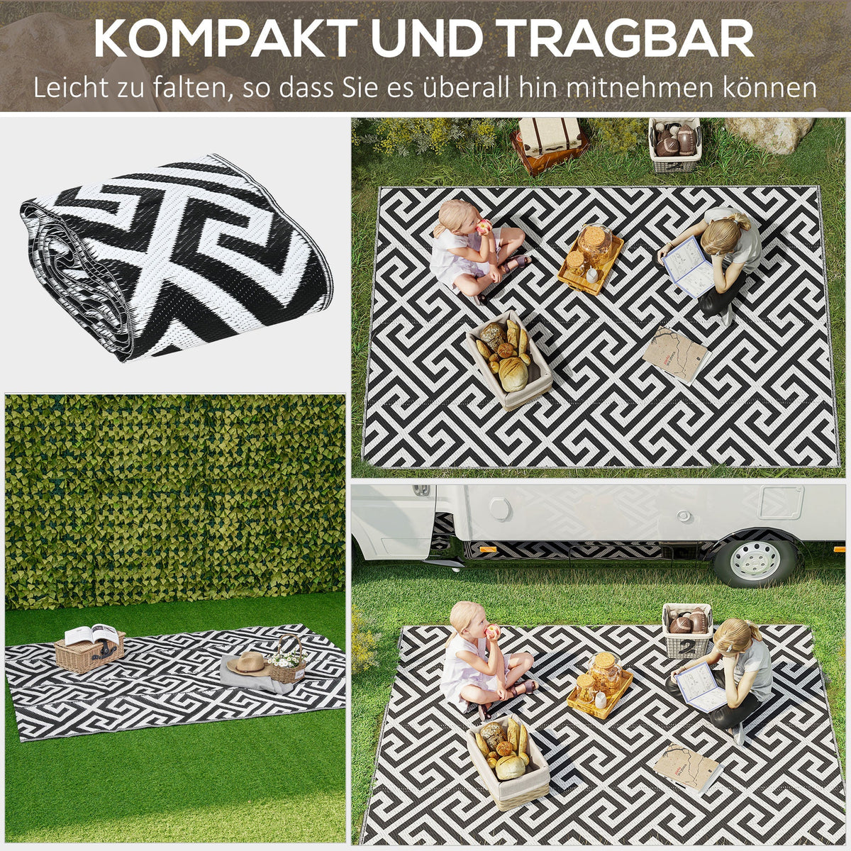 Outdoor Carpet, Double-Sided Water-Repellent, Plastic Black White