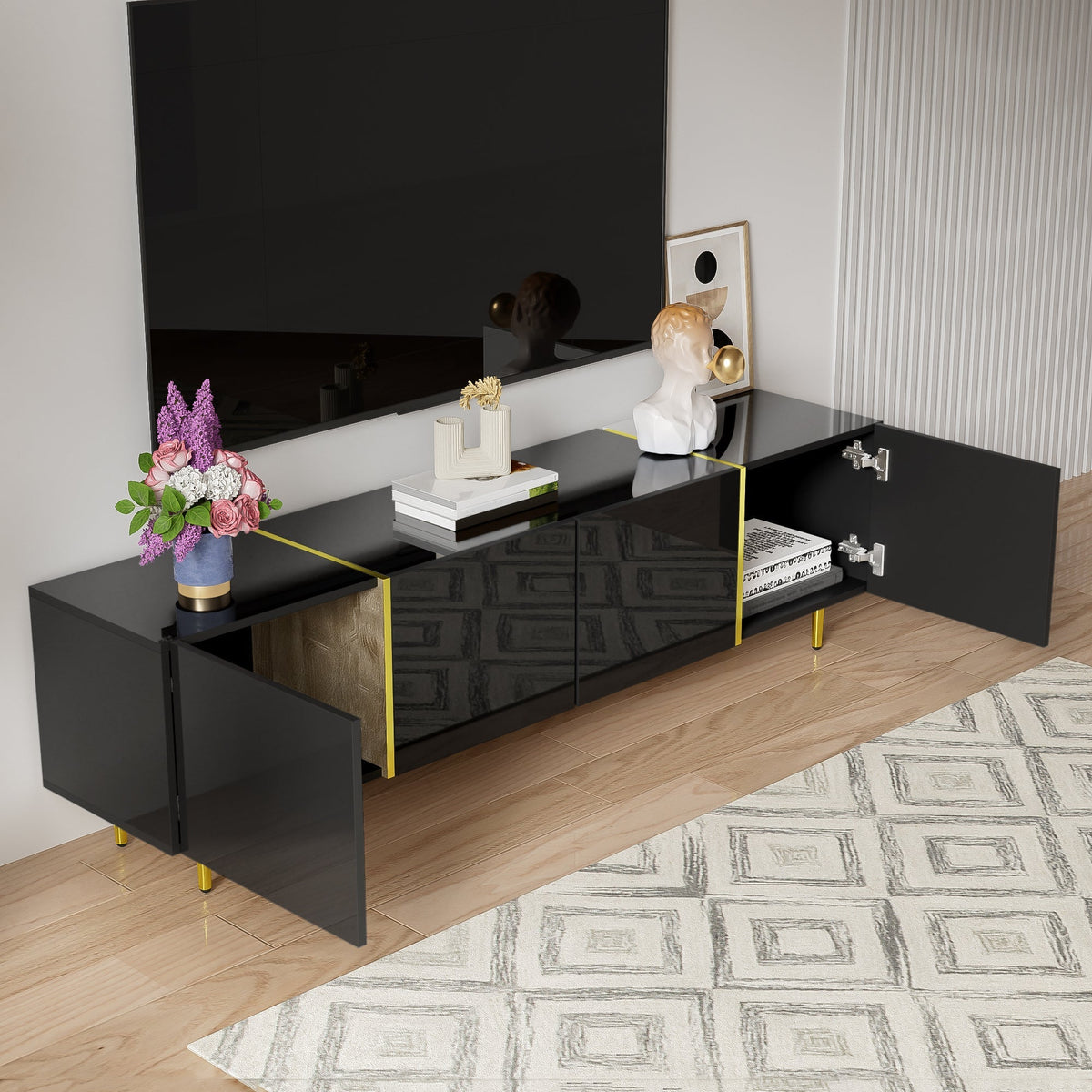 TV Cabinet, Modern 4-Door, High-Gloss Black and Gold