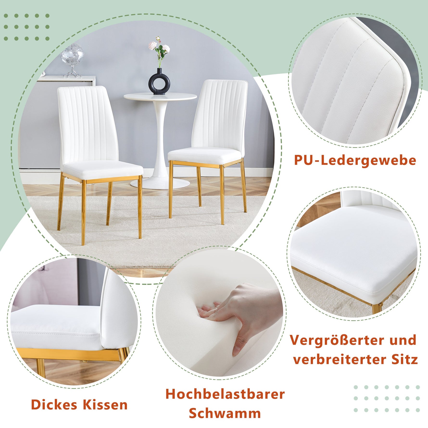 Fashionable Dining Chair 4-Piece Set with Golden Metal Legs, White PU Leather