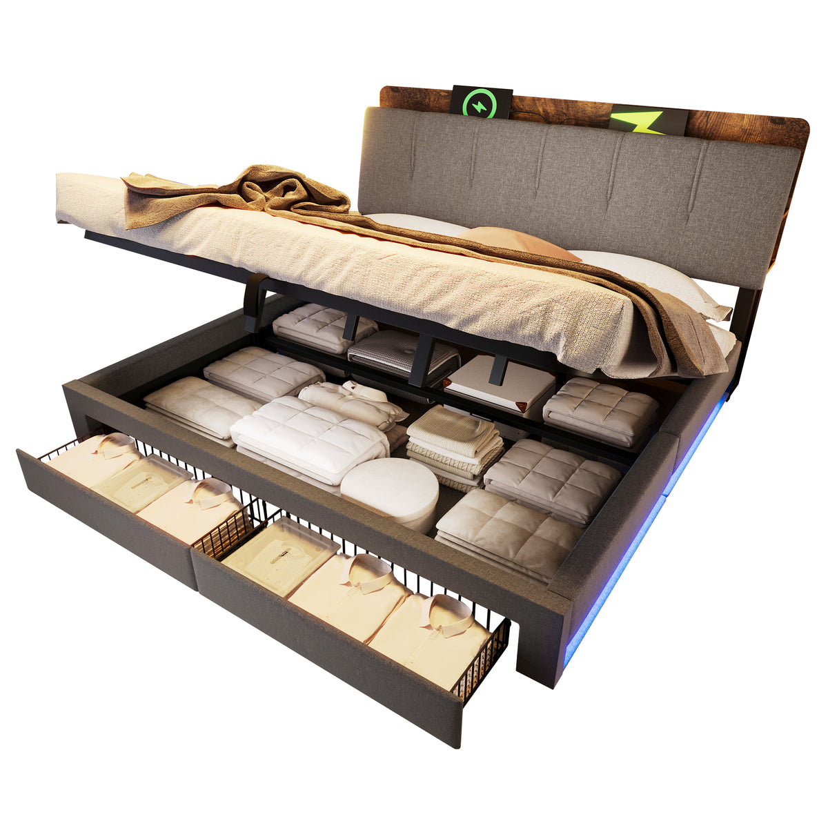 Upholstered Bed 180x200cm with Hydraulic Storage & LED, Grey Linen