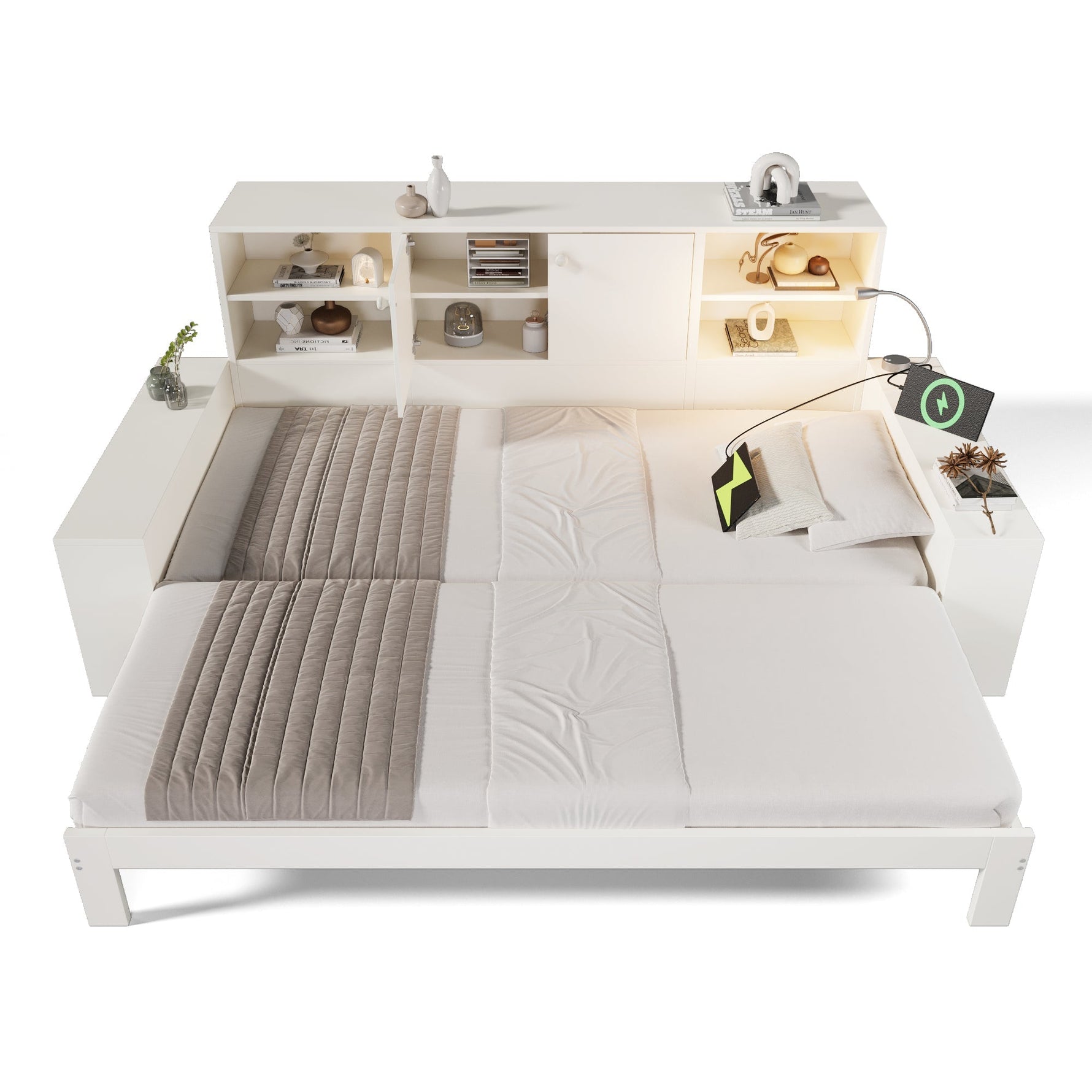 Storage Bed with Pull-out Bed, Double Doors and USB Ports, 90x200cm, White Wood