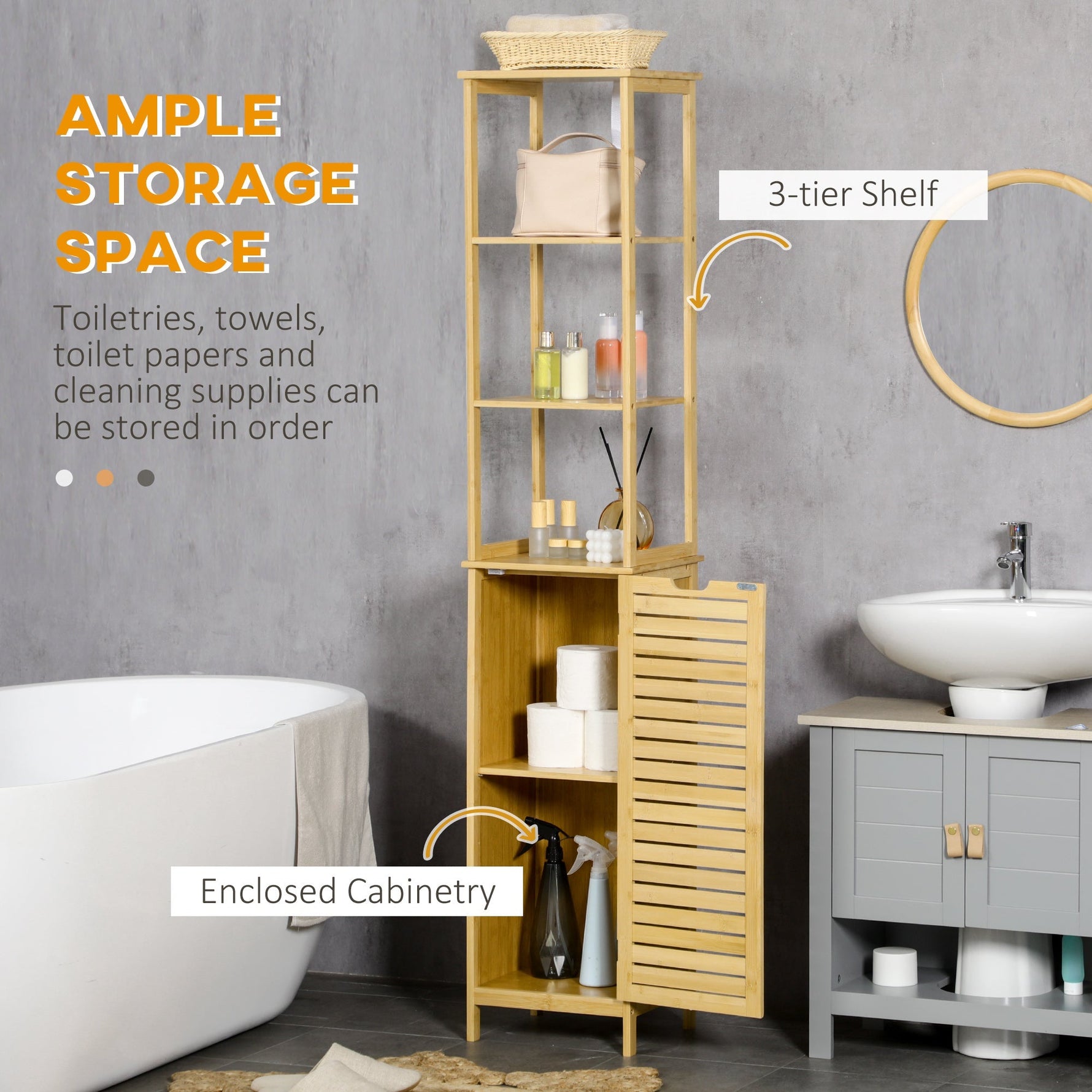 kleankin Bathroom Cabinet, 3 Open Compartments, 1 Cupboard, Bamboo