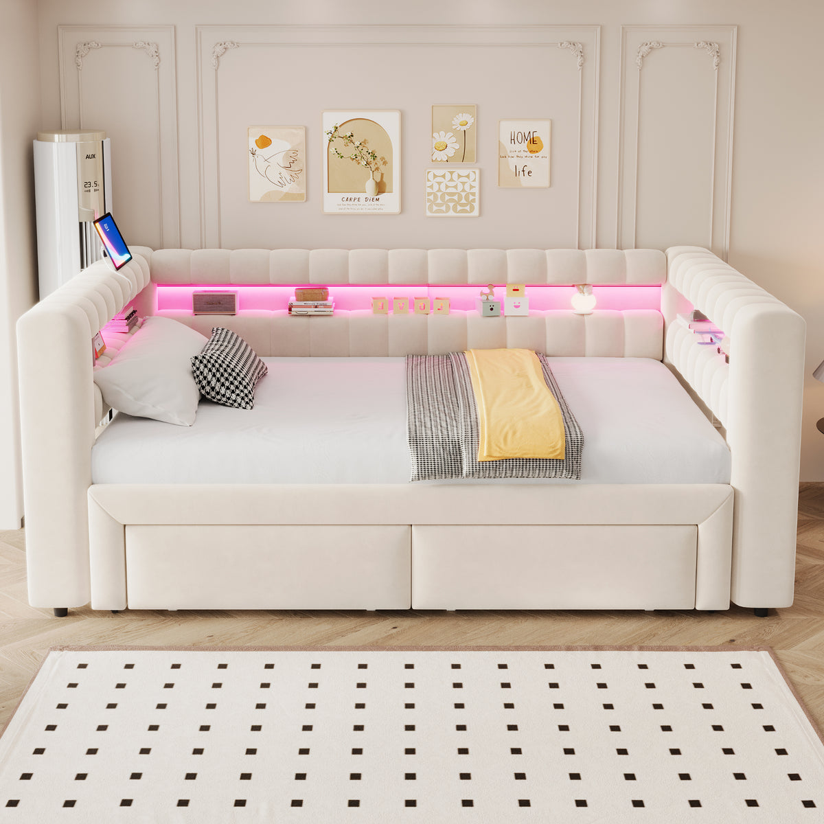 Upholstered Sofa Bed with Pull-Out Bed & Drawers, Beige Velvet