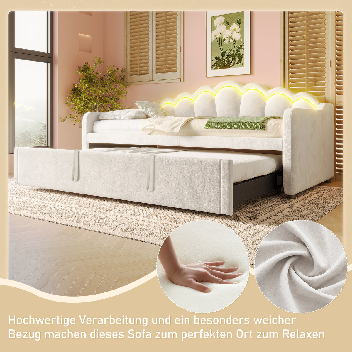 Daybed with Pull-Out Bed & LED Strip, 90x200cm, Beige Velvet